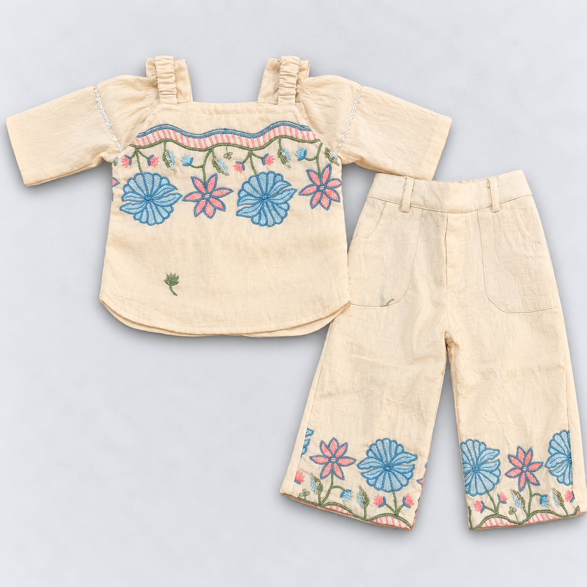 Baby Girls Cream Floral Embroidered Top with Matching Palazzo Pants Set  Image Alt Text