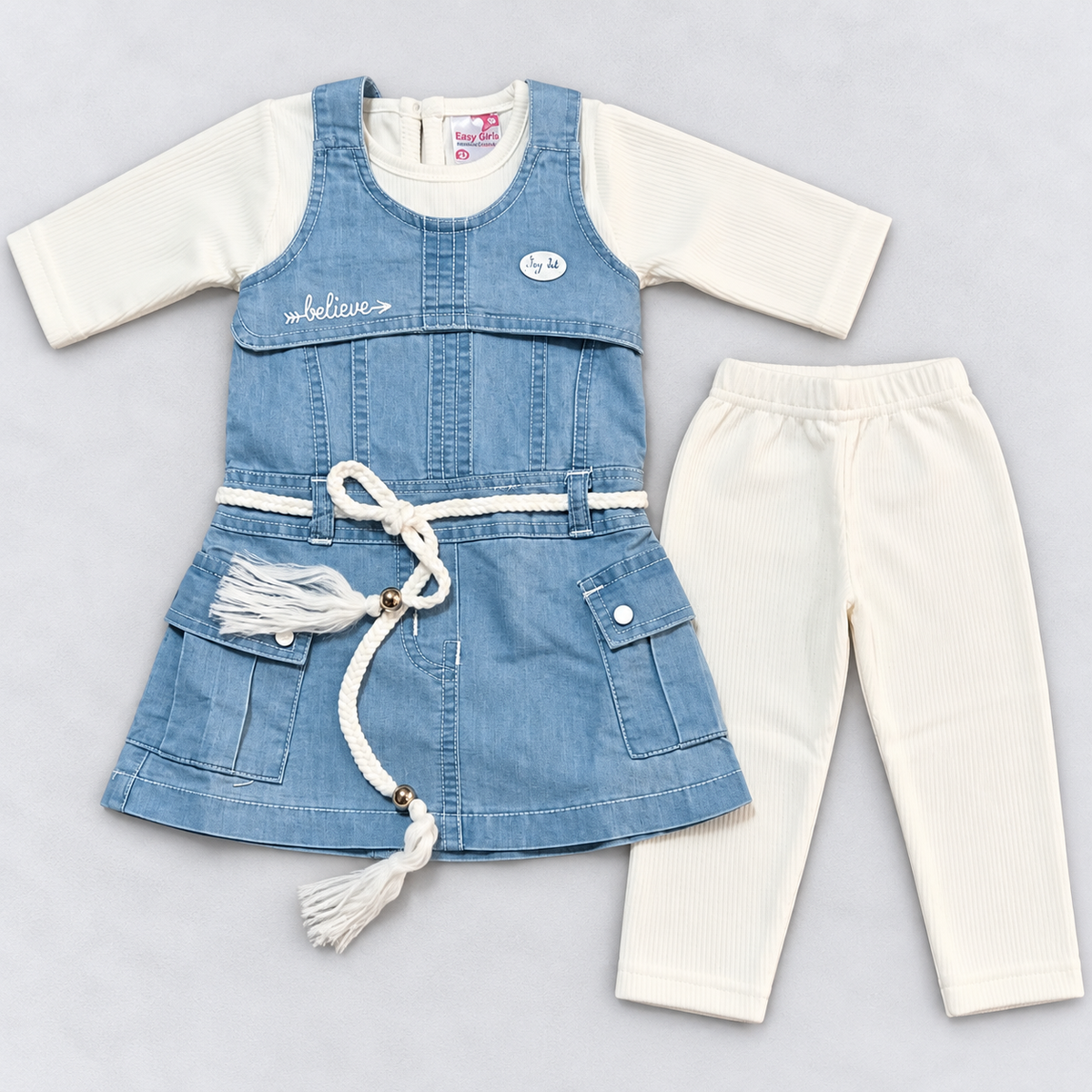 Easy Girls Baby Girl Blue Denim Pinafore Dress with Cream Top & Matching Leggings Set