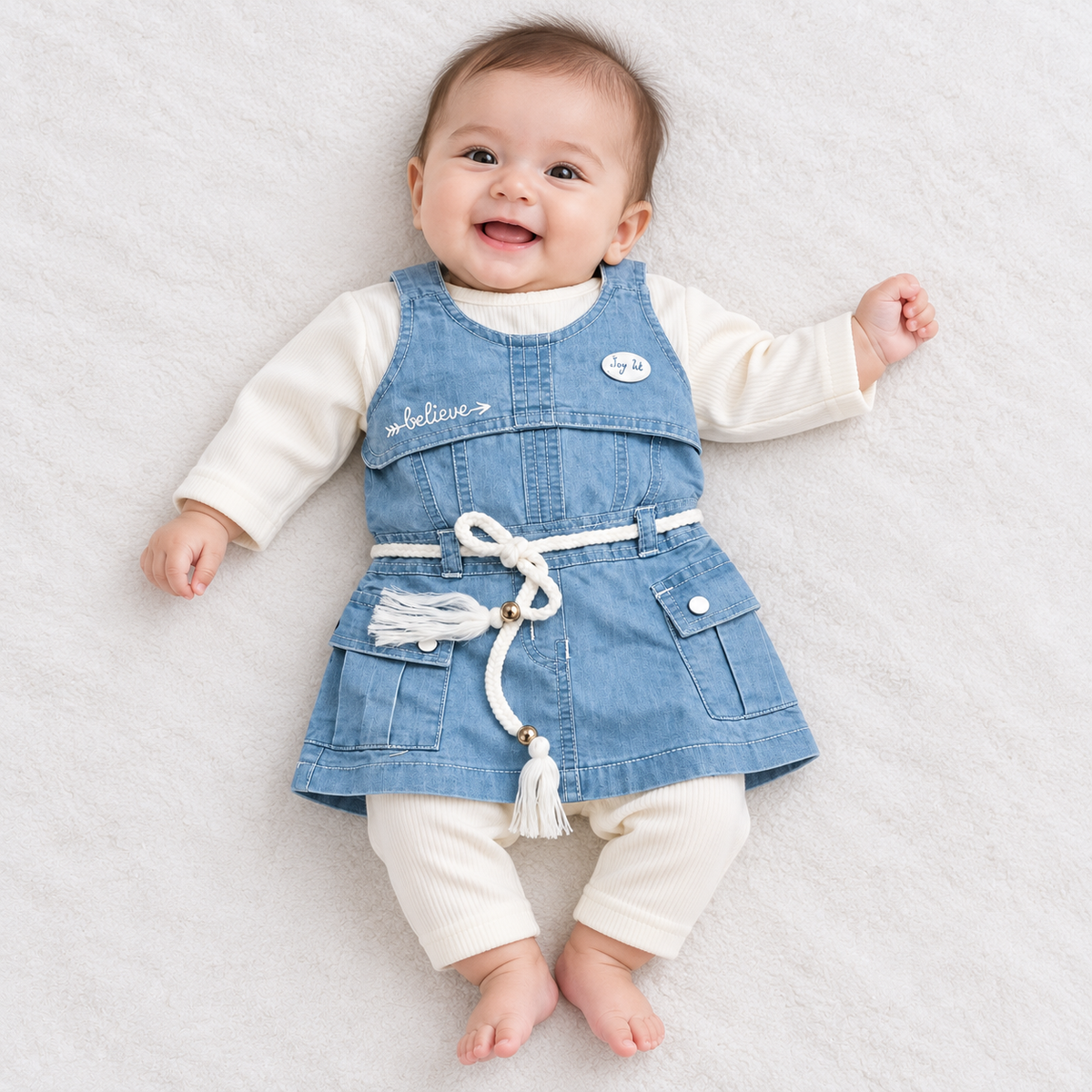Easy Girls baby girl blue denim pinafore dress with cream full sleeve top, decorative rope belt and matching cream leggings