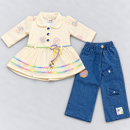 BabyQ Girls Cream Floral Embroidered Top with Blue Denim Cargo Pants Set