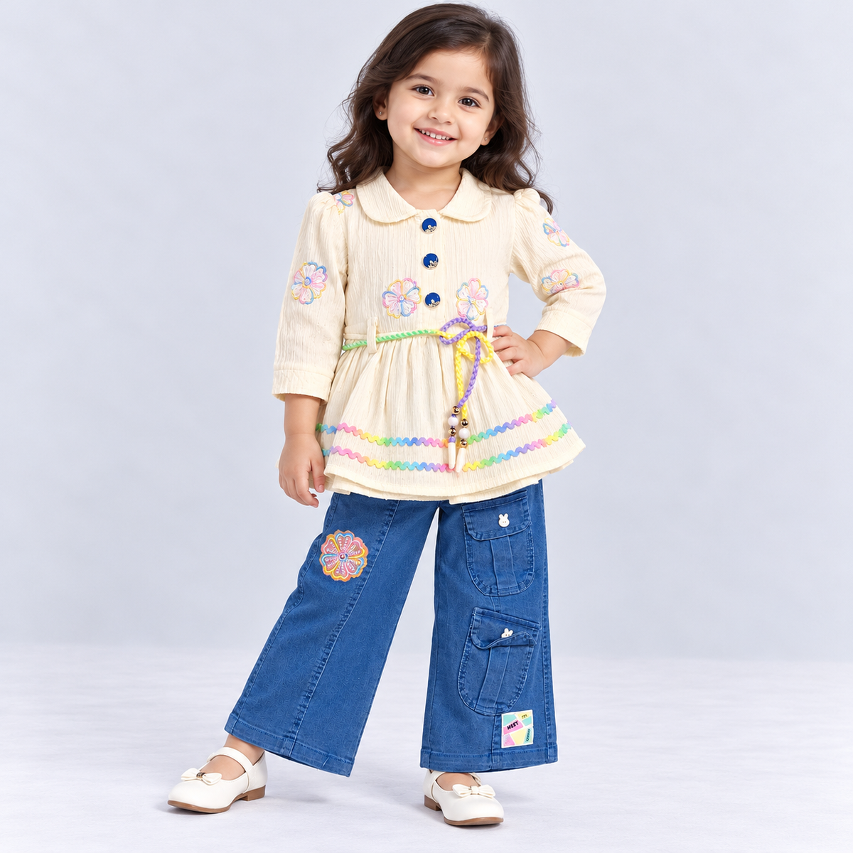 BabyQ girls cream embroidered floral top with colourful flower detailing, multicolour decorative waist belt and blue denim cargo pants