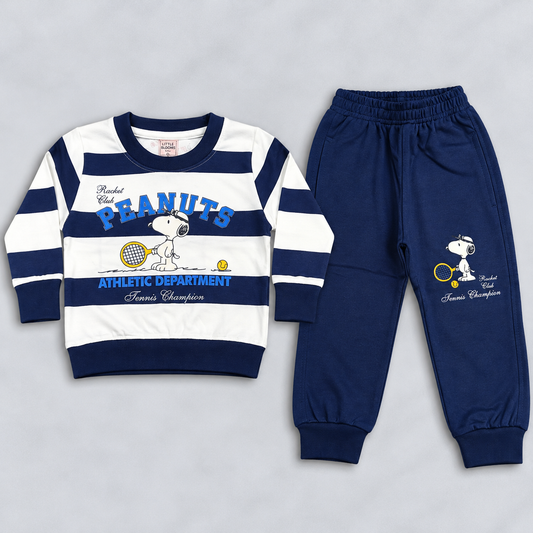 Little Blooms Boys Navy Blue & White Striped Sweatshirt with Jogger Set