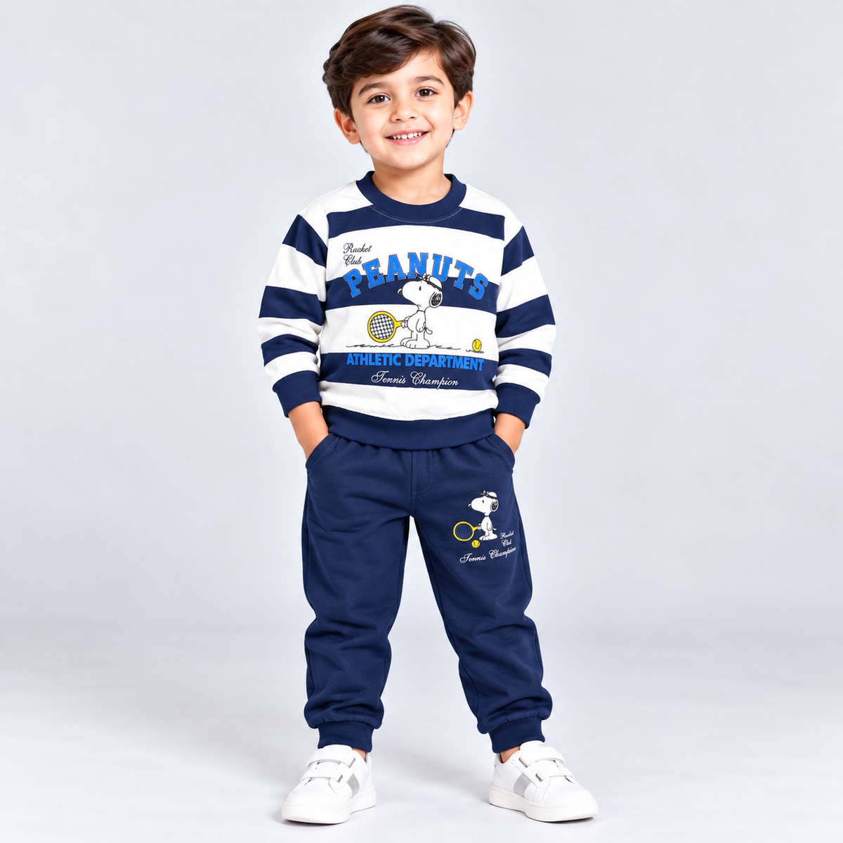 Little Blooms Boys Navy Blue & White Striped Sweatshirt with Jogger Set
