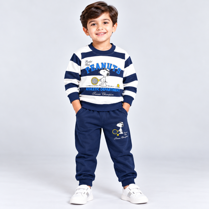 Little Blooms Boys Navy Blue & White Striped Sweatshirt with Jogger Set
