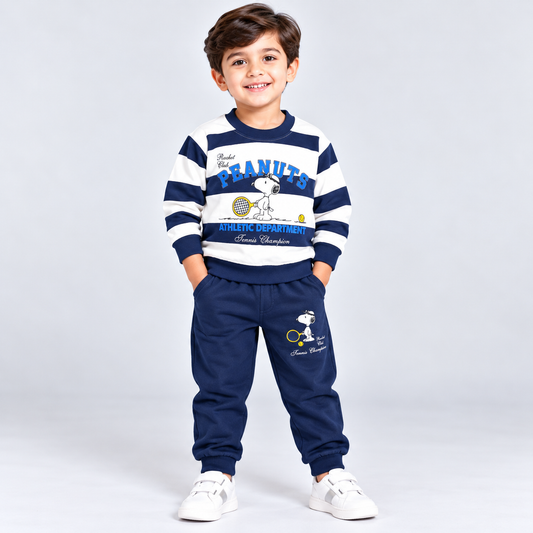 Little Blooms Boys Navy Blue & White Striped Sweatshirt with Jogger Set