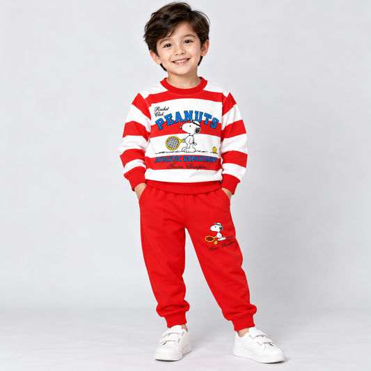 Little Blooms boys red and white striped sweatshirt with tennis graphic and matching red joggers set