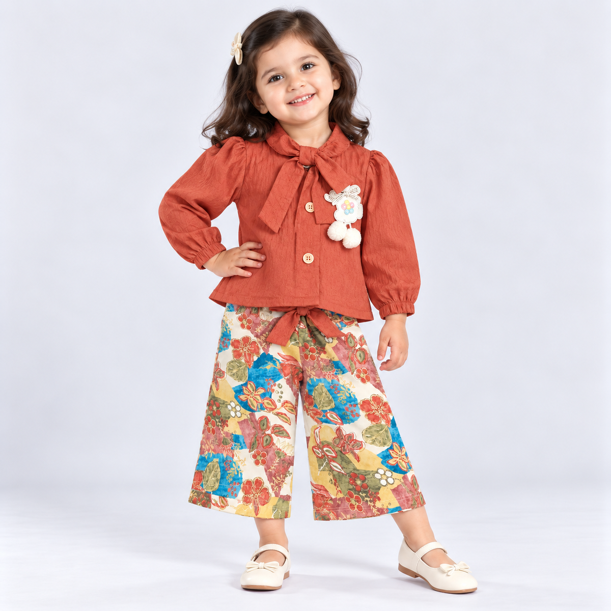 Auli Girls Maroon Top with Floral Printed Palazzo Set