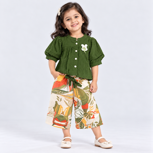Girls Green Top with Printed Palazzo Set Online | Cutypi