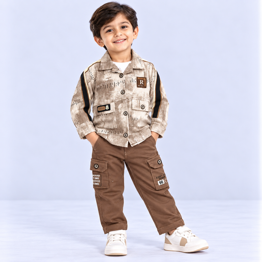 City Boys boys beige abstract printed full sleeve shirt with brown cargo pants and stylish pocket details