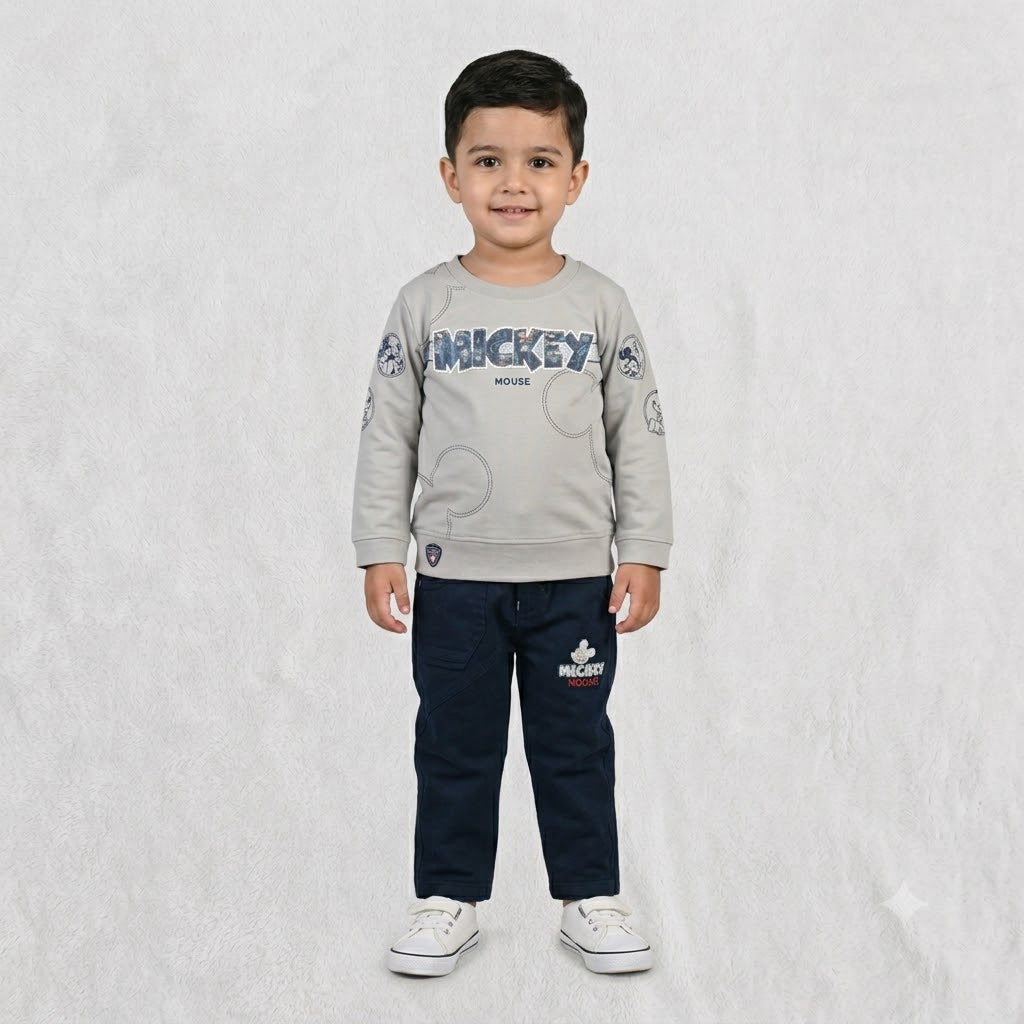 GuffKid boys grey Mickey Mouse full sleeve sweatshirt with navy blue pants set