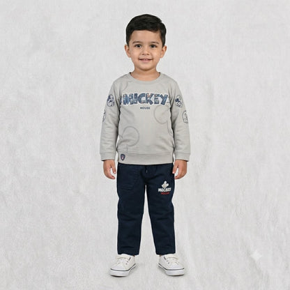 GuffKid boys grey Mickey Mouse full sleeve sweatshirt with navy blue pants set