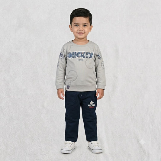 GuffKid boys grey Mickey Mouse full sleeve sweatshirt with navy blue pants set