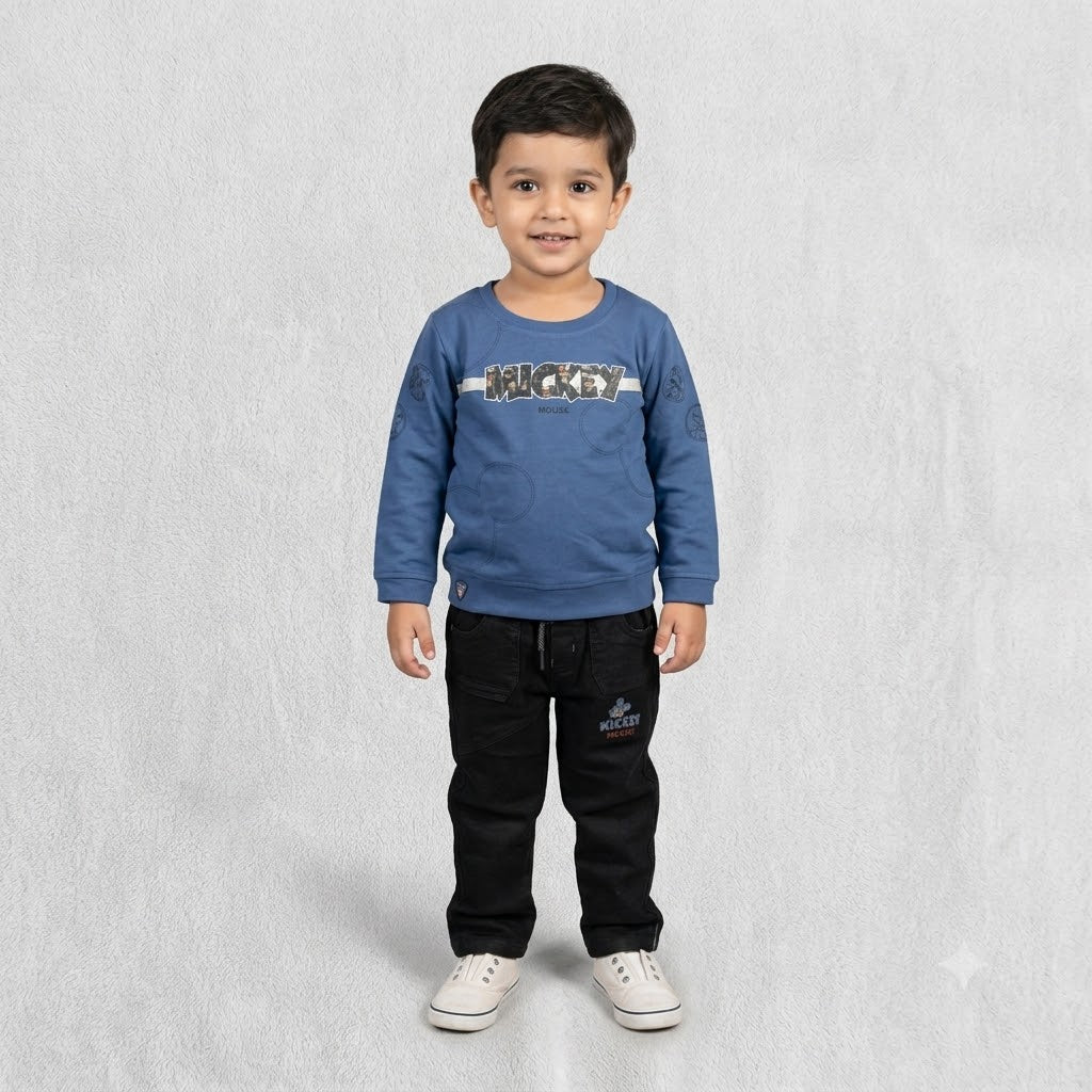 GuffKid boys blue full sleeve sweatshirt with black denim jeans casual outfit