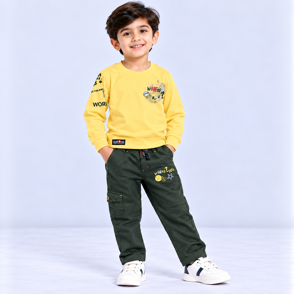 GuffKid boys yellow graphic printed full sleeve sweatshirt with dark green cargo pants and utility pockets