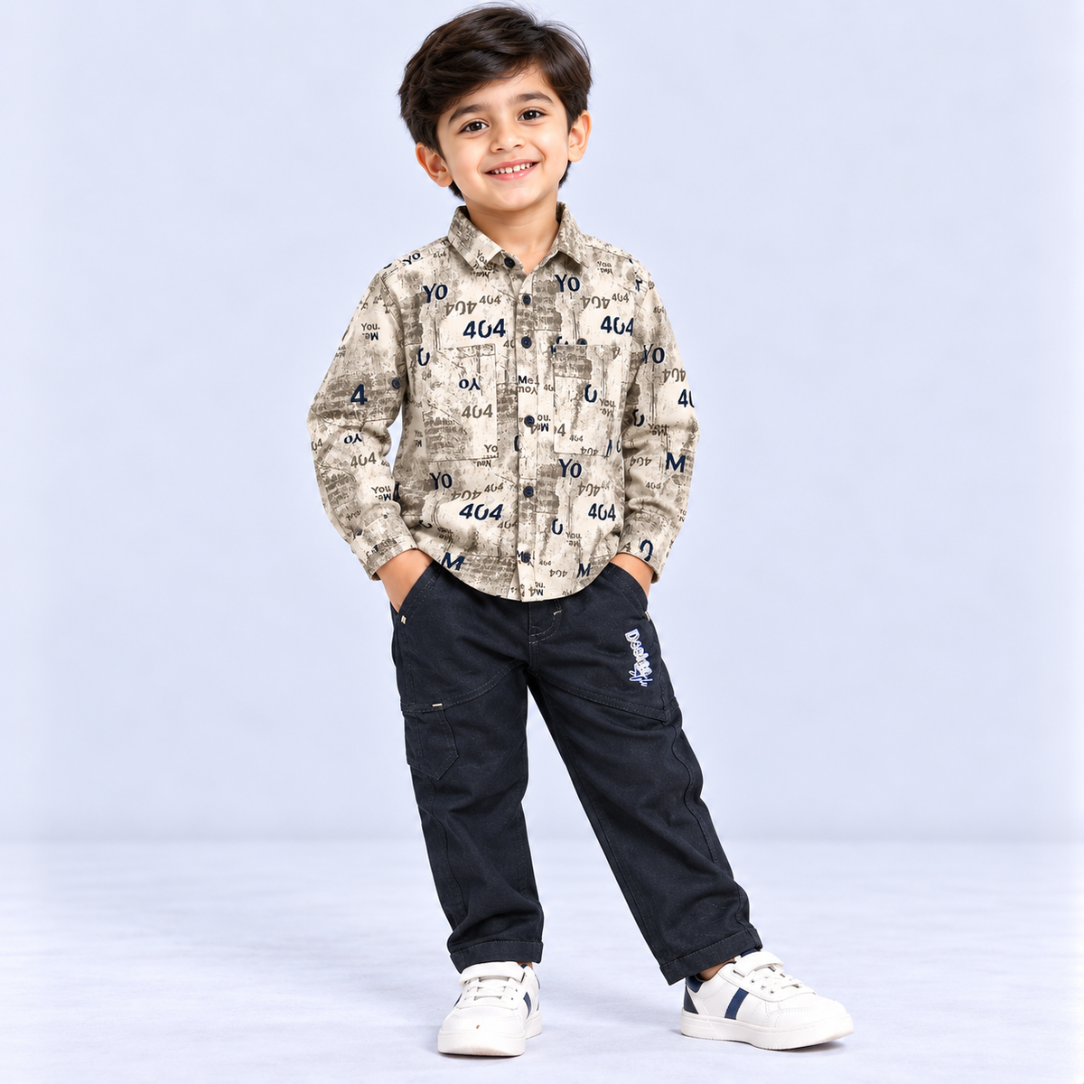 GuffKid boys beige printed full sleeve shirt with black trousers matching kids casual outfit set