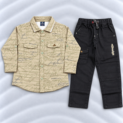 GuffKid Boys Beige Printed Shirt with Black Cargo Pants Set
