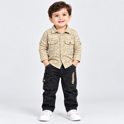 GuffKid boys beige printed full sleeve shirt with black cargo pants set