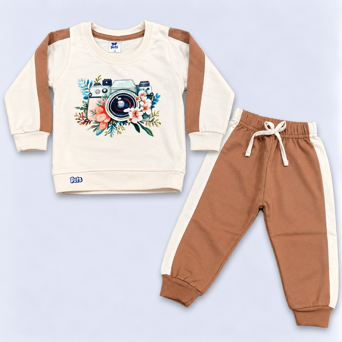 Girls Brown & Cream Printed Sweatshirt with Jogger Pants Set – Dots