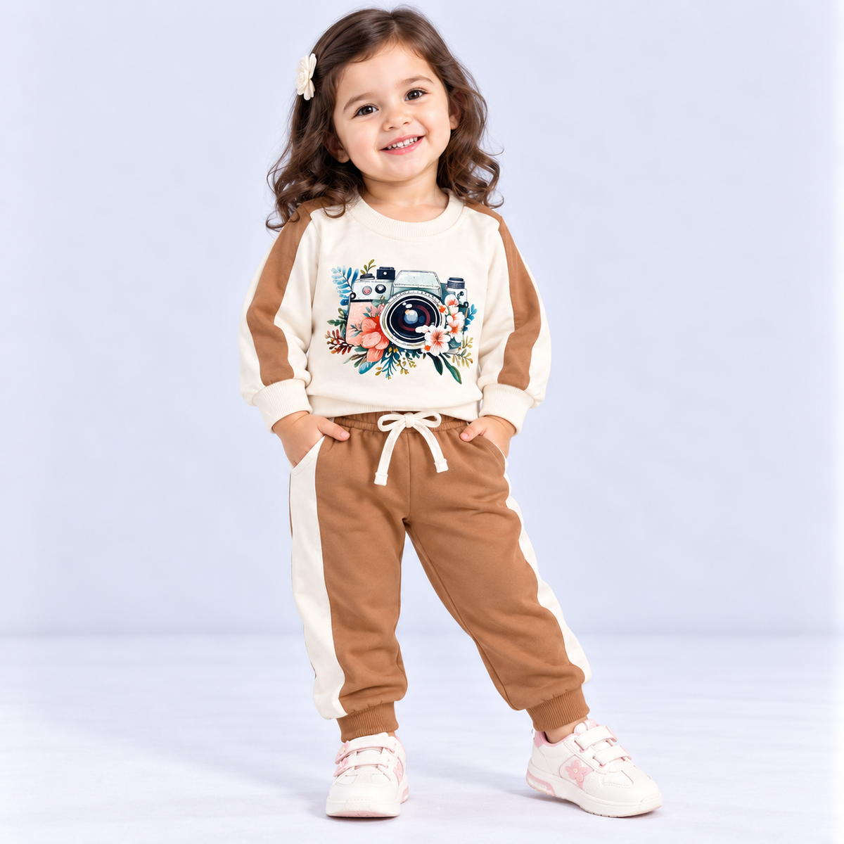 Girls Brown & Cream Printed Sweatshirt with Jogger Pants Set – Dots