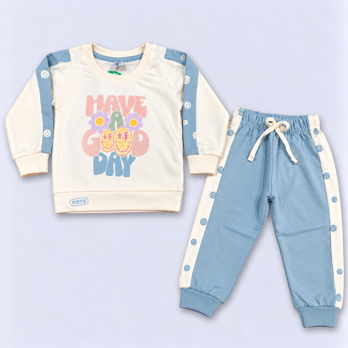 Girls Blue & White Printed Sweatshirt with Jogger Pants Set – Dots