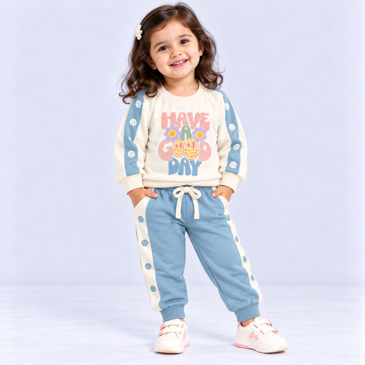 Girls Blue & White Printed Sweatshirt with Jogger Pants Set – Dots