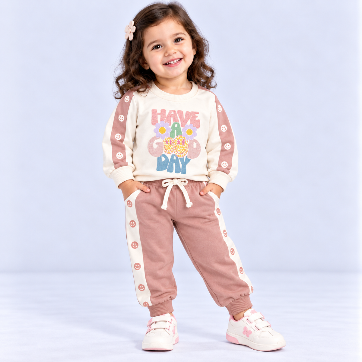 Dots girls pink and cream sweatshirt with matching jogger pants featuring smiley print side stripes and colourful graphic design