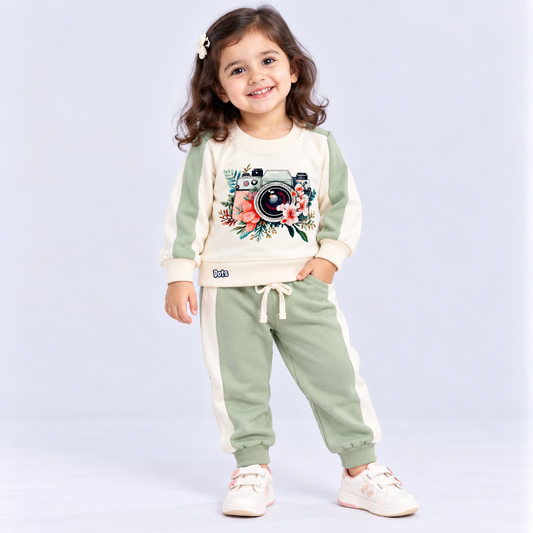 Girls Sage Green & Cream Printed Sweatshirt with Jogger Set – Dots