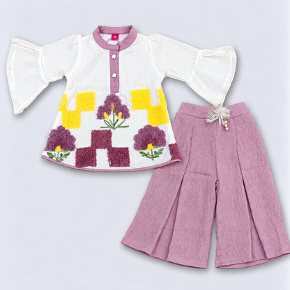 Auli Girls White Embroidered Top & Purple Palazzo Set | Cutypi