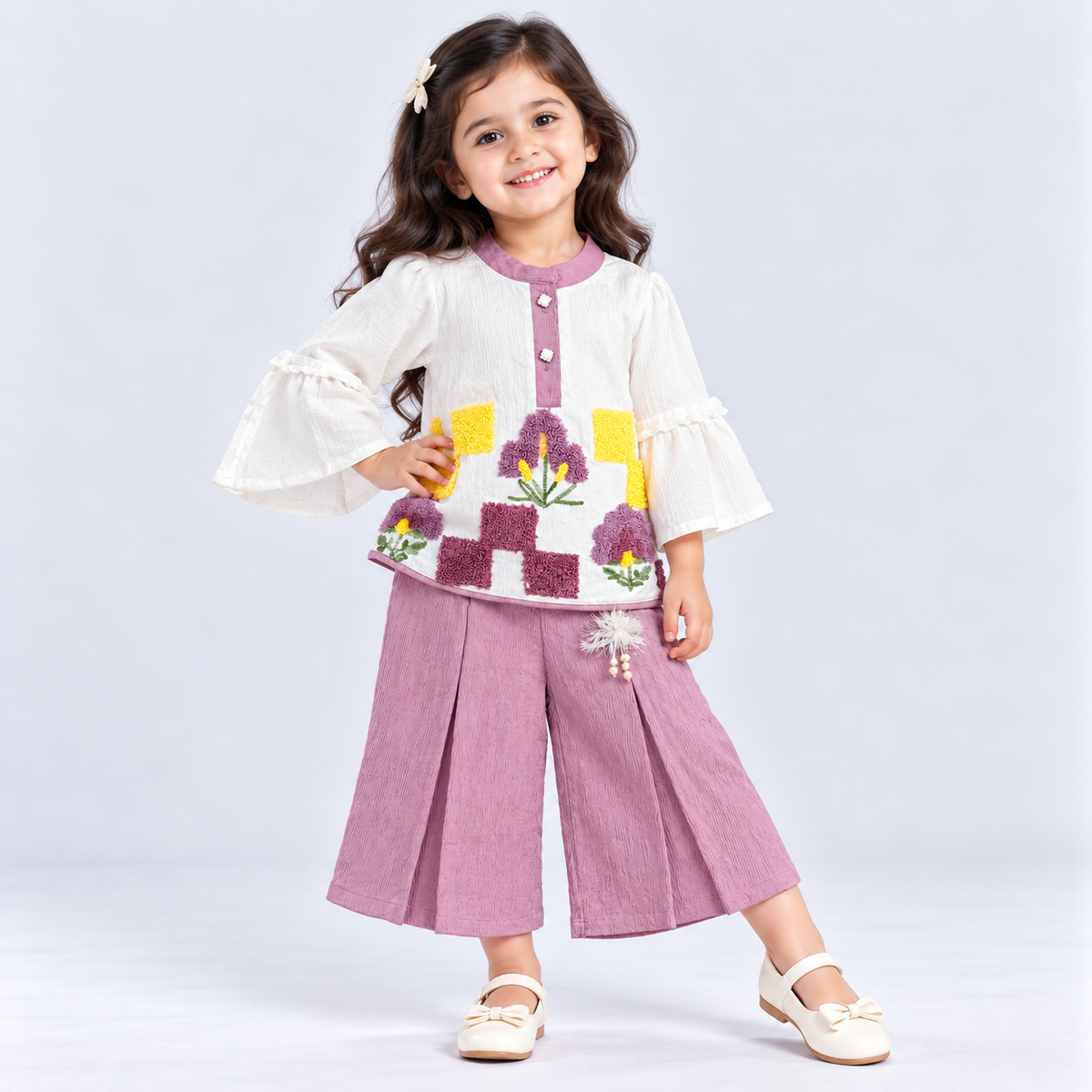 Auli girls white floral embroidered top with purple palazzo pants festive ethnic wear set