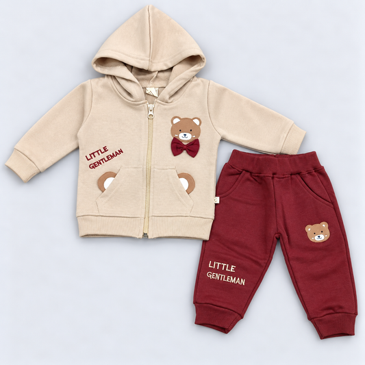 Krunchy Baby Boys Cream Hooded Fleece Jacket with Maroon Jogger Pants Set