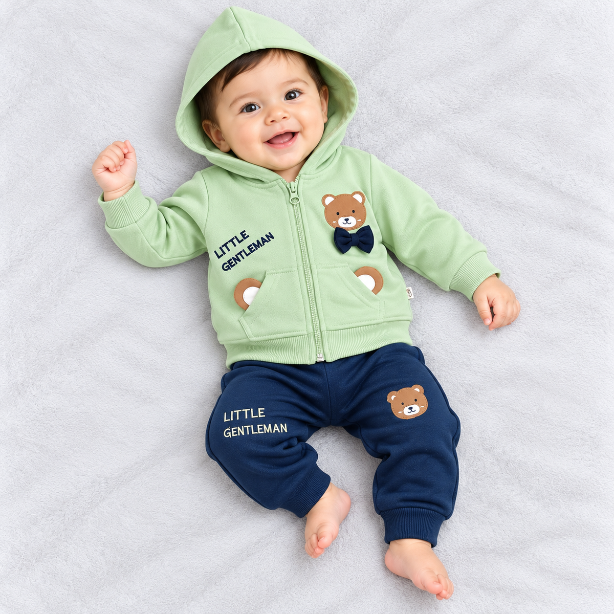 Krunchy baby boys mint green hooded zip-up jacket with teddy bear appliqué, front pockets and matching navy blue jogger pants for winter wear