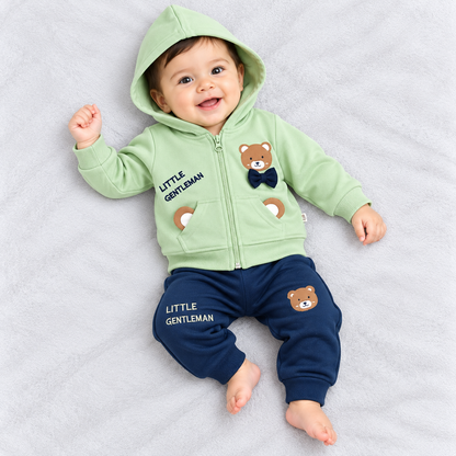Krunchy baby boys mint green hooded zip-up jacket with teddy bear appliqué, front pockets and matching navy blue jogger pants for winter wear
