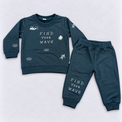 Krunchy Baby Boys Teal Blue Printed Sweatshirt and Jogger Pants Winter Set
