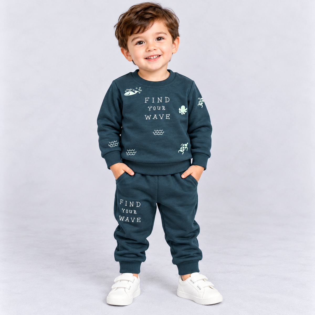 Krunchy baby boys teal blue winter sweatshirt with Find Your Wave lettering and ocean-themed prints, paired with matching jogger pants