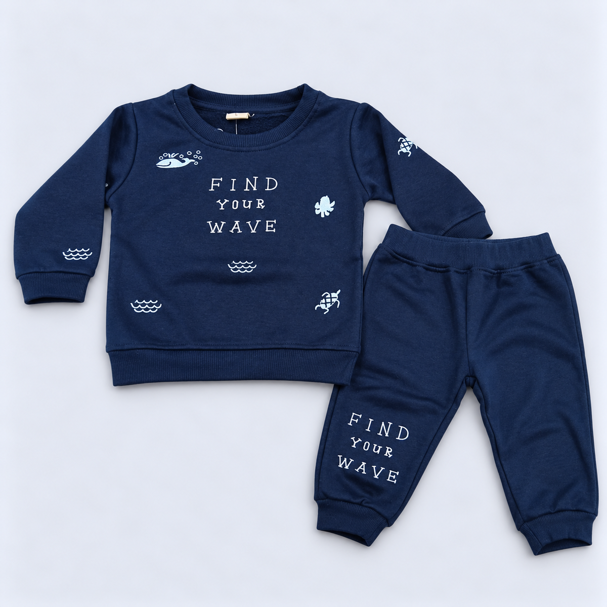 Krunchy Baby Boys Navy Blue Printed Sweatshirt and Jogger Pants Winter Set