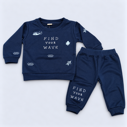 Krunchy Baby Boys Navy Blue Printed Sweatshirt and Jogger Pants Winter Set