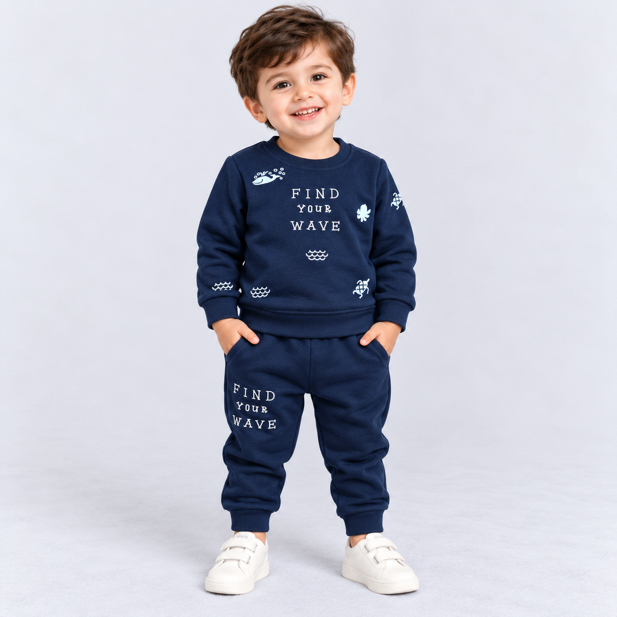 Krunchy baby boys navy blue winter sweatshirt with Find Your Wave text and ocean-themed prints, paired with matching jogger pants