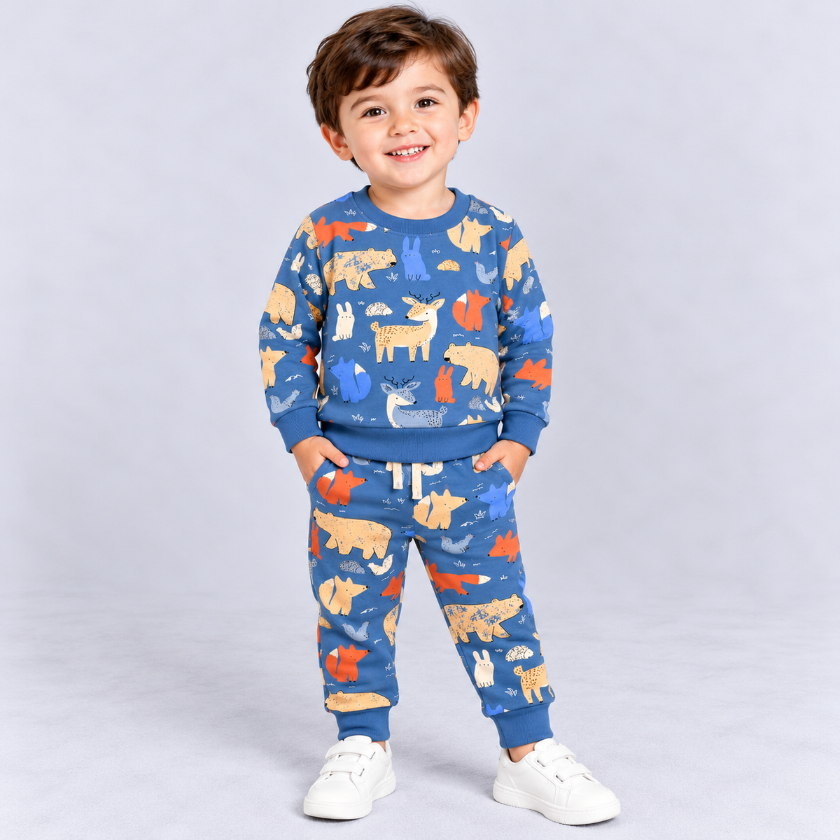 Krunchy kids blue interlock sweatshirt and matching jogger pants featuring colourful forest animal prints including bears, foxes, rabbits and deer