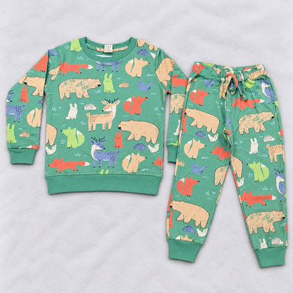 Krunchy Kids Mint Green Animal Print Interlock Sweatshirt and Jogger Pants Set