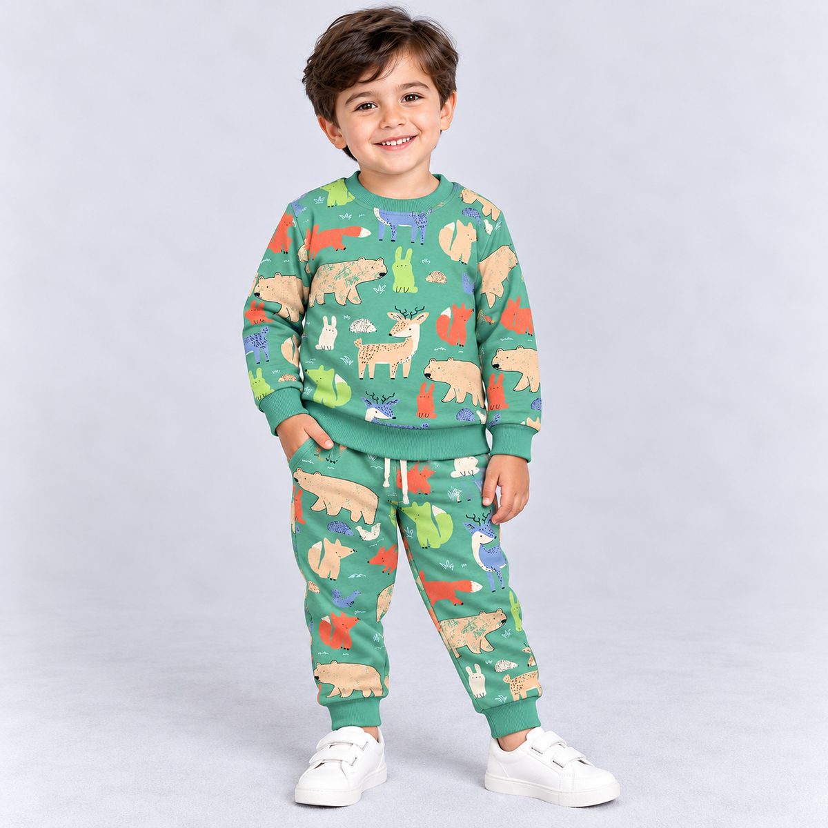 Krunchy kids mint green interlock sweatshirt and matching jogger pants with cute forest animal prints including bears, foxes, rabbits and deer