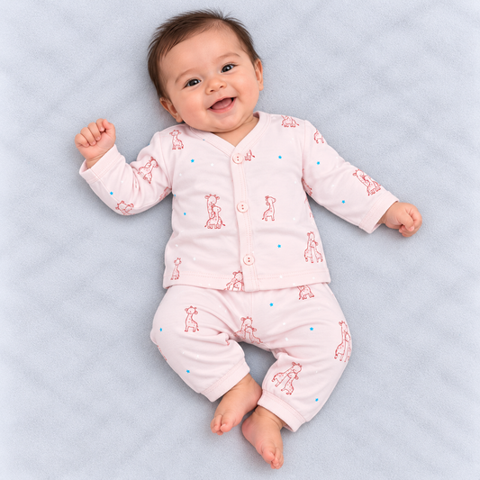 Zero baby pink co-ord set with cute giraffe prints, blue and white stars, full-sleeve button-front top and matching pants