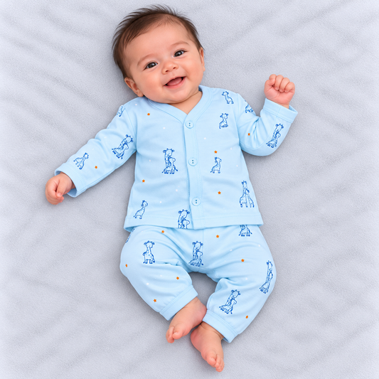 Zero baby boys sky blue co-ord set with navy blue giraffe prints, orange and white stars, full-sleeve button-front top and matching pants