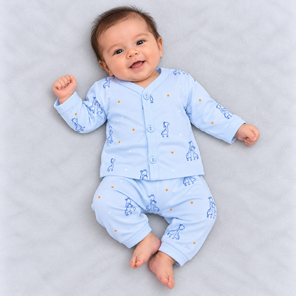 Zero baby boys sky blue co-ord set with blue giraffe prints, orange and white stars, button-front top and matching pants