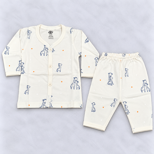 Zero Baby Unisex Cream Giraffe Print Cotton Co-Ord Set with Button-Front Top and Pants