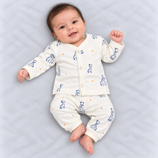 Zero baby cream co-ord set with navy blue giraffe prints, orange and white stars, full-sleeve button-front top and matching pants