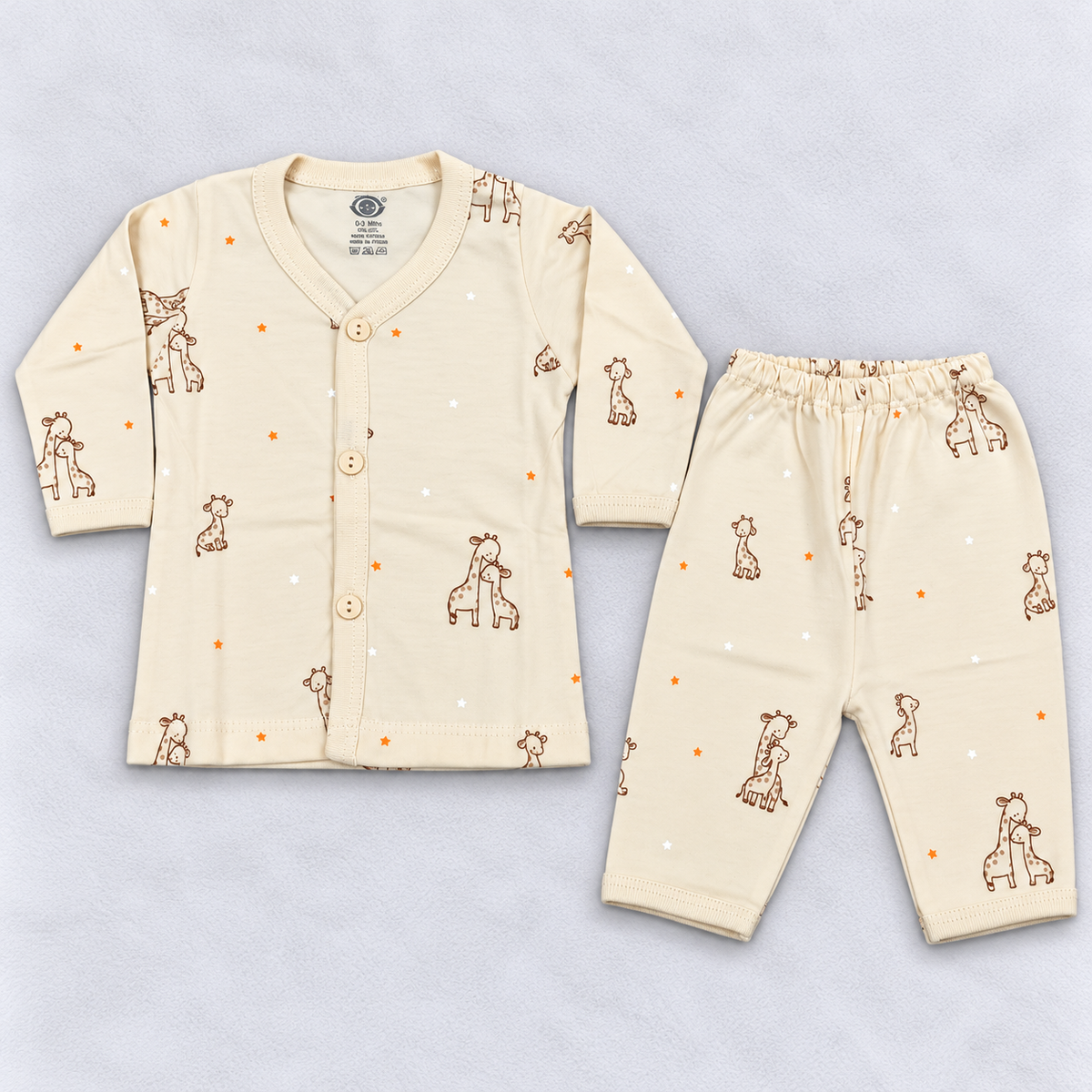 Zero Cream Giraffe Print Baby Unisex Cotton Co-Ord Set with Button-Front Top and Pants