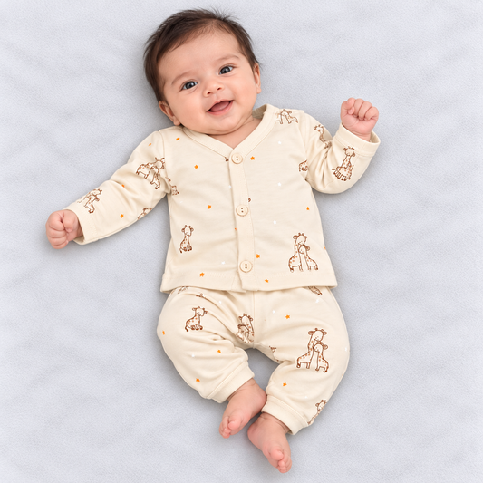 Zero Cream baby unisex cotton co-ord set with brown giraffe prints, orange and white stars, button-front top and matching pants
