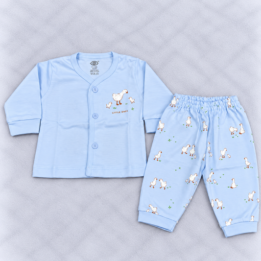 Zero Baby Boys Blue Duck Print Co-Ord Set with Button-Front Top and Matching Pants