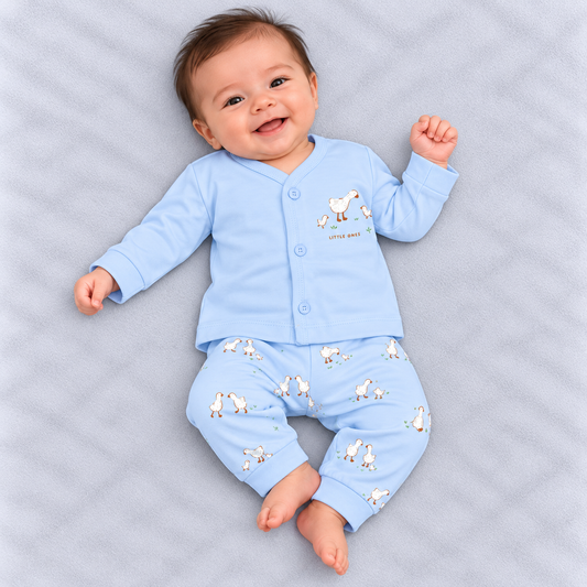 Zero baby boys blue co-ord set with cute white duck prints, green accents, full-sleeve button-front top and matching elastic-waist pants
