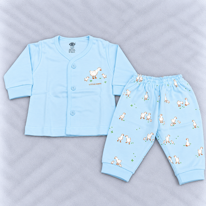 Zero Baby Boys Blue Duck Print Co-Ord Set with Button-Front Top and Matching Pants